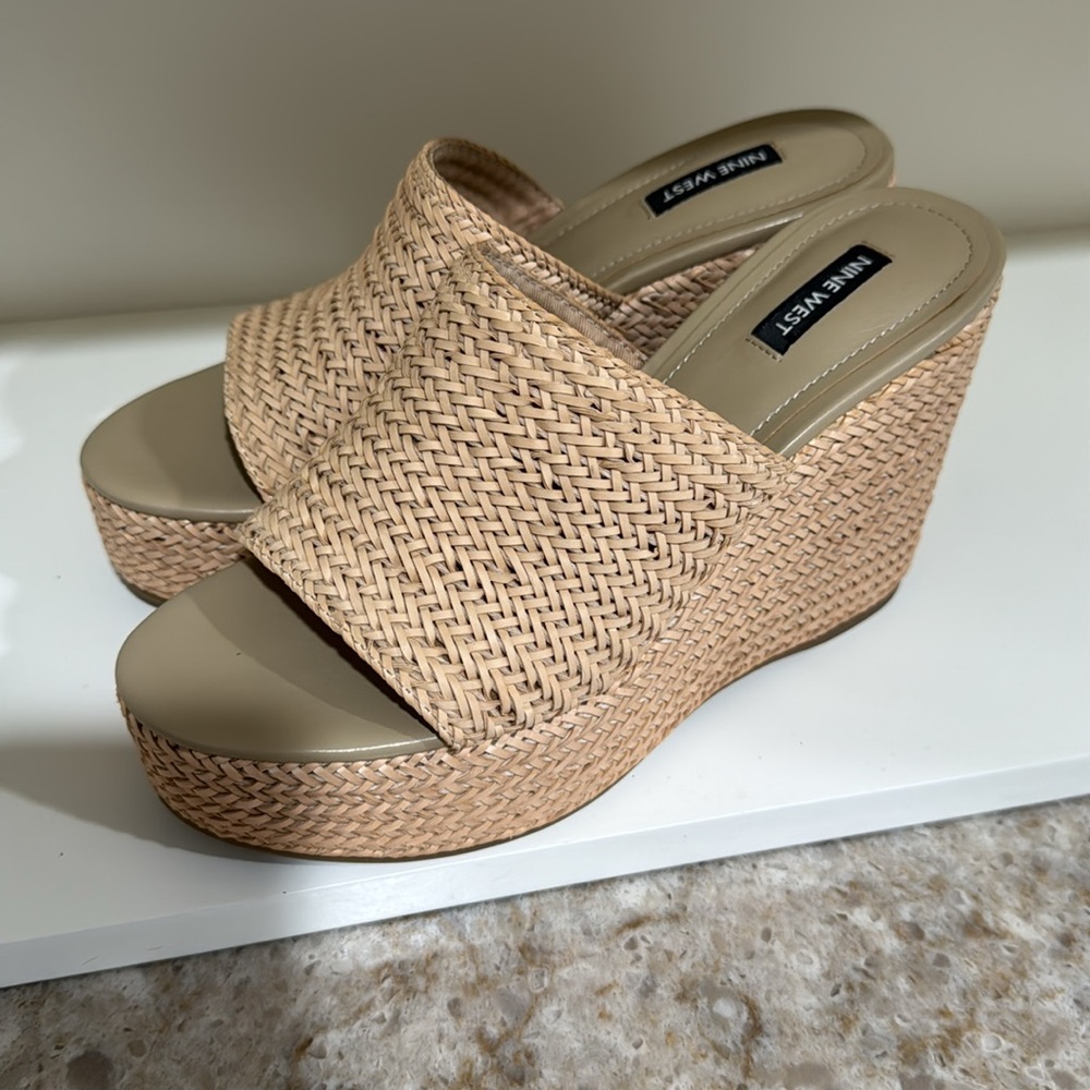 Nine West Everie Tan Woven Platform Wedges